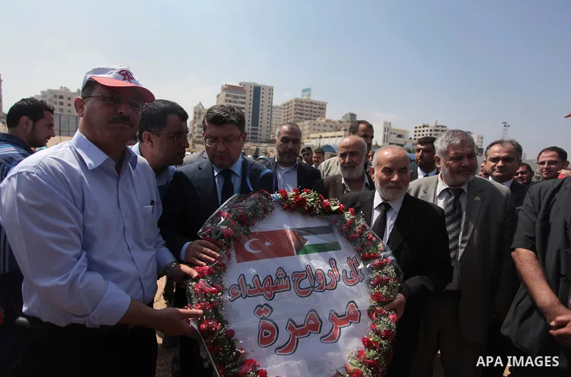 Turkish ambassador in Palestine Mustafa Sarnic and deputy President of the Palestinian Legislative Council Ahmed Bahr lay a wreath during a rally ahead of the 4th anniversary of the Mavi Marmara Gaza flotilla incident, a...