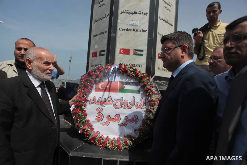 Turkish ambassador in Palestine Mustafa Sarnic and deputy President of the Palestinian Legislative Council Ahmed Bahr lay a wreath during a rally ahead of the 4th anniversary of the Mavi Marmara Gaza flotilla incident, a...