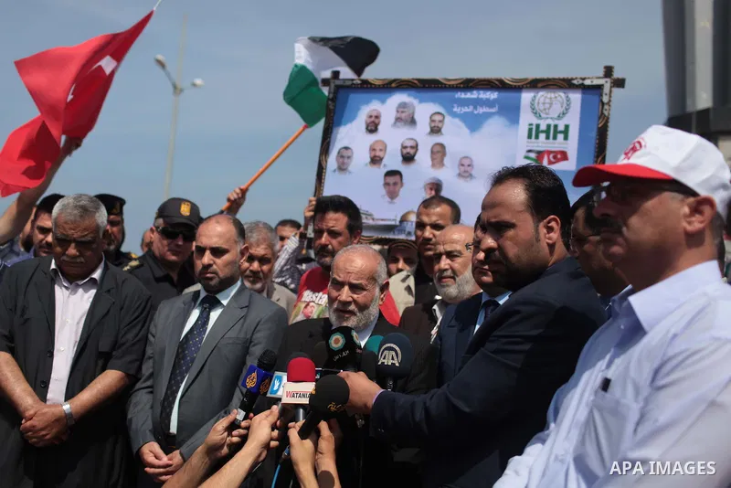 Turkish ambassador in Palestine Mustafa Sarnic speaks in a press conference during a rally ahead of the 4th anniversary of the Mavi Marmara Gaza flotilla incident, at the seaport of Gaza City May 29, 2014. Nine activists...
