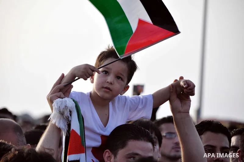 A Palestinian boy waves his national flags as she watches the match between their national team and the Philippine team during the final of the AFC Challenge Cup in Maldives, in Gaza City on May 30, 2014. Photo by Mohamm...