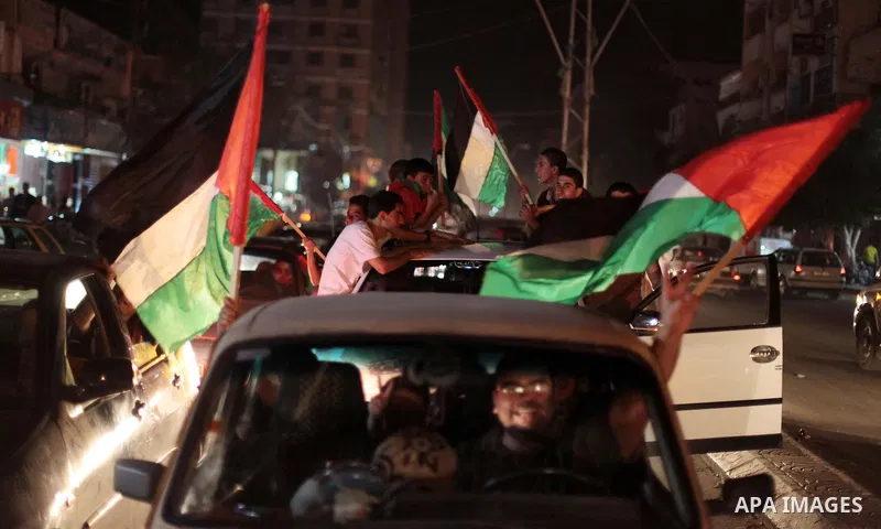 Palestinians celebrate in Gaza City on May 30, 2014, after Palestine qualified for their maiden Asian Cup appearance with a 1-0 win over injury-hit Philippines in the final of the AFC Challenge Cup in Maldives. Photo by...