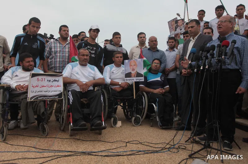 Palestinian disabilities take part a rally on the fourth anniversary of the Mavi Marmara Gaza flotilla incident, at the seaport of Gaza City May 31, 2014. Eight Turks and a Turkish-American, died in an Israeli commando r...