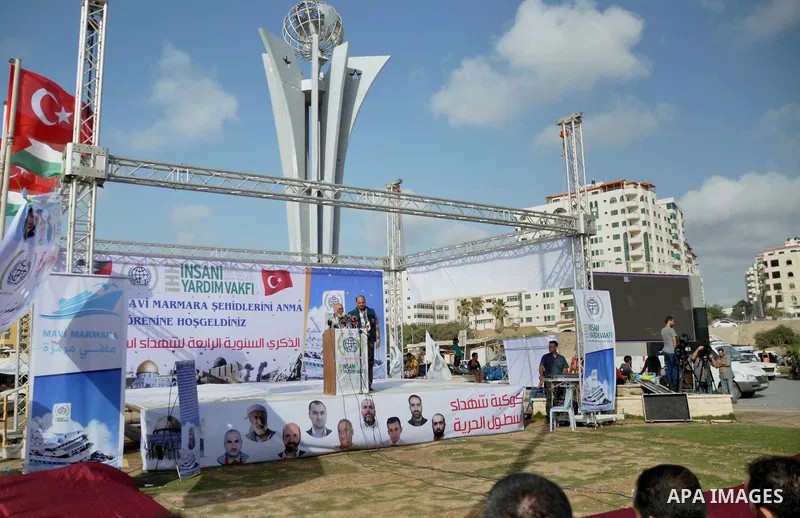 Palestinians take part a celebrate to mark the fourth anniversary of the Mavi Marmara Gaza flotilla incident, organized by the Turkish humanitarian relief IHH, at the seaport of Gaza City May 31, 2014. Eight Turks and a...