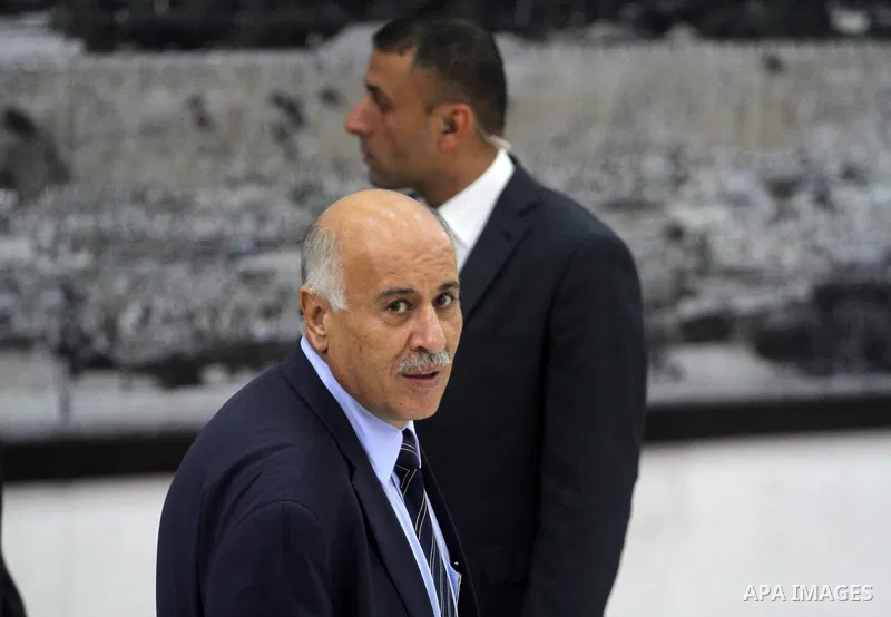 The President of the Palestinian Football Association, Jibril al-Rjoub, receives the Palestinian national football team which won the AFC Challenge Cup, at Palestinian President Mahmoud Abbas' office in the West Bank cit...
