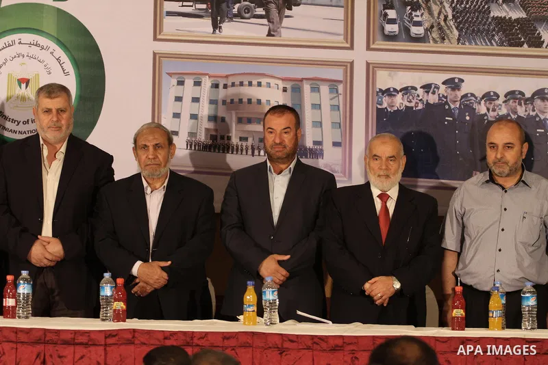 Former Palestinian minister of Interior affairs in Gaza Strip Fathi Hammad, attends his honoring ceremony, in Gaza City on June 02, 2014. President Mahmoud Abbas swore in a Palestinian unity government on Monday under a...