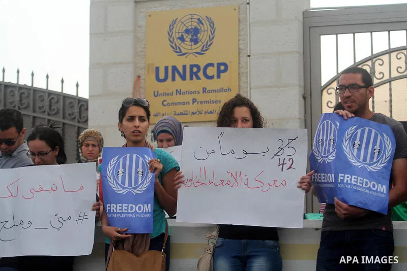 Palestinian activists hold banners during a protest outside the headquarters of the United Nations (UNRCP) in the West Bank city of Ramallah, on June 04, 2014. Protesters closed the doors of the office during a protest t...