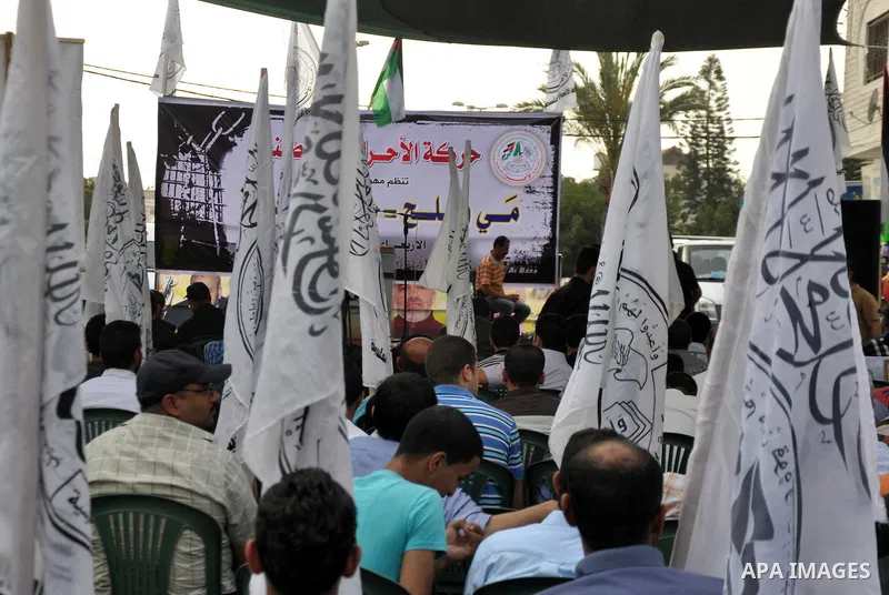 Palestinian supporters of al-Ahrar party take part a protest in the support of the prisoners who are on hunger strike, outside Red Cross Office, in Gaza city June 04, 2014. About 120 Palestinians imprisoned without trial...