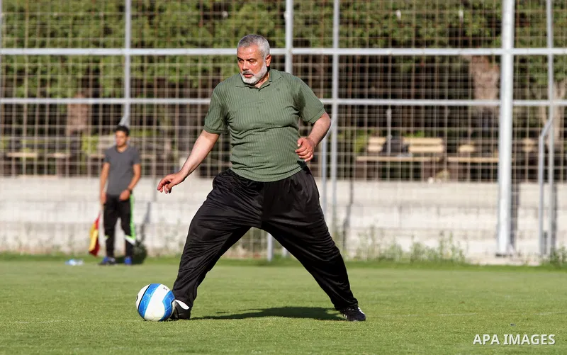 Senior leader of Hamas Ismail Haniyeh participates in football match in solidarity with prisoners on hunger strike held in Israeli jails in Gaza city, on June 7, 2014. Some 120 Palestinians jailed without trial in Israel...