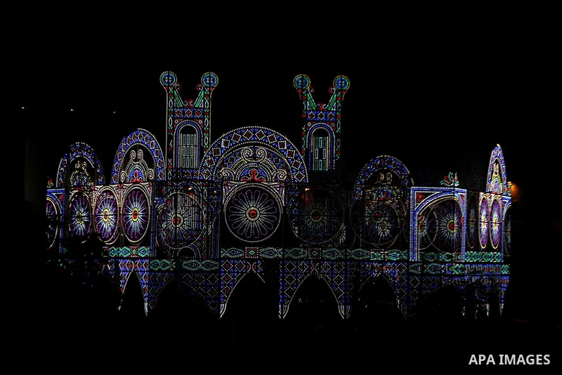 An artistic construction made of metal and light bulbs during the Jerusalem Lights Festival, in the Old City of Jerusalem, early 12 June 2014. The festival, hosting Israeli and international artists and creators, opened...