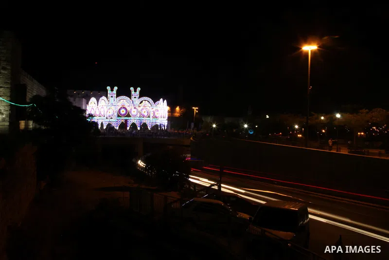 An artistic construction made of metal and light bulbs during the Jerusalem Lights Festival, in the Old City of Jerusalem, early 12 June 2014. The festival, hosting Israeli and international artists and creators, opened...
