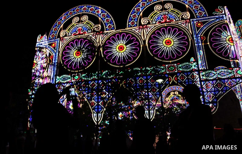 An artistic construction made of metal and light bulbs during the Jerusalem Lights Festival, in the Old City of Jerusalem, early 12 June 2014. The festival, hosting Israeli and international artists and creators, opened...