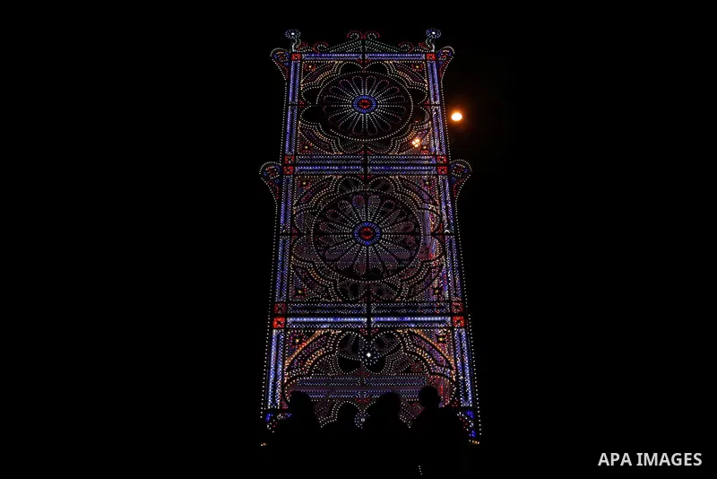 An artistic construction made of metal and light bulbs during the Jerusalem Lights Festival, in the Old City of Jerusalem, early 12 June 2014. The festival, hosting Israeli and international artists and creators, opened...