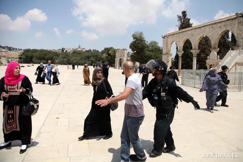 Israeli riot police detain a Palestinian man during clashes following Friday prayers at the al-Aqsa mosque compound in Jerusalem's Old City on June 13, 2014. Photo by Saeed Qaq