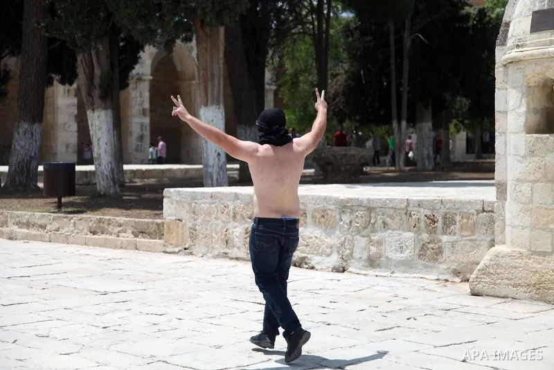 A Palestinian youth flashes a victory sign during clashes with Israeli riot police following Friday prayers at the al-Aqsa mosque compound in Jerusalem's Old City on June 13, 2014. Photo by Saeed Qaq