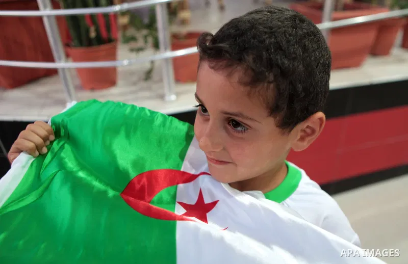 A Palestinian boy holds Algerian flag as others watch the match between Algeria and Belgium during the 2014 FIFA World Cup in Brazil, on June 17, 2014 in a cafe in Gaza City. Photo by Ezz Zanoun