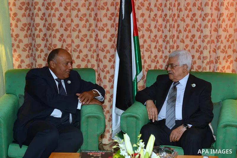 Palestinian President, Mahmoud Abbas meets with the Egyptian foreign minister, in Jeddah, Saudi Arabia, on June 17, 2014. Photo by Thaer Ganaim