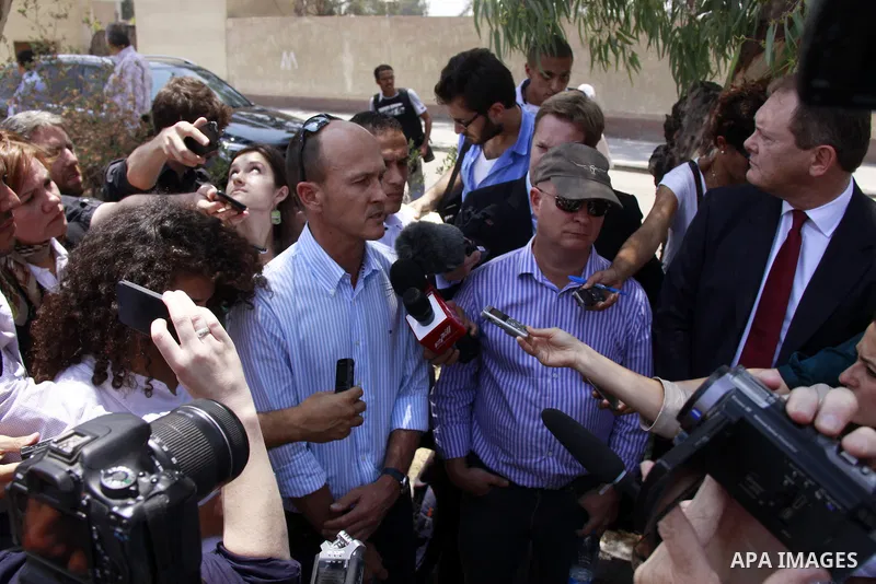 Andrew Greste, brother of Australian Al Jazeera journalist Peter Greste speeks to media during the sentencing session at a courtroom in Cairo, Egypt, 23 June 2014. Three Al Jazeera journalists were jailed for seven years...