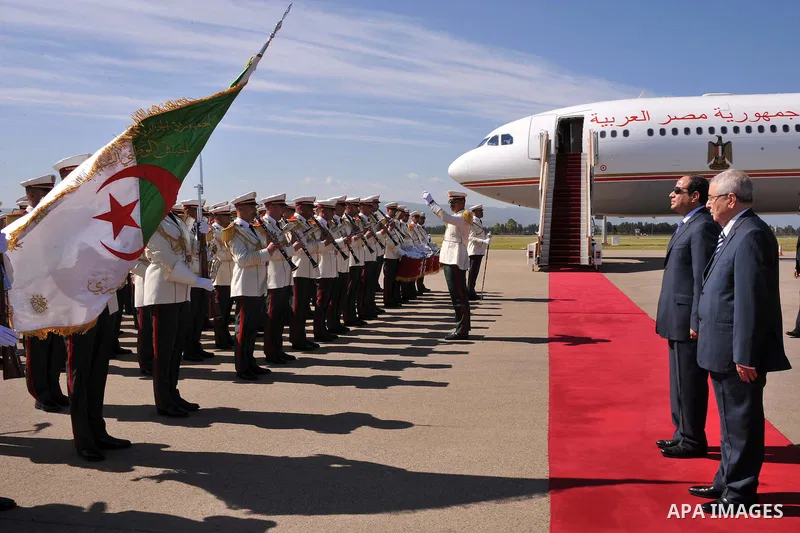 A handout photo made available by the Egyptian Presidency shows Egyptian President Abdel Fattah al-Sissi reviewing honor guard upon his arrival at Houari-Boumediene International Airport, in Algiers, Algeria, 25 June 201...