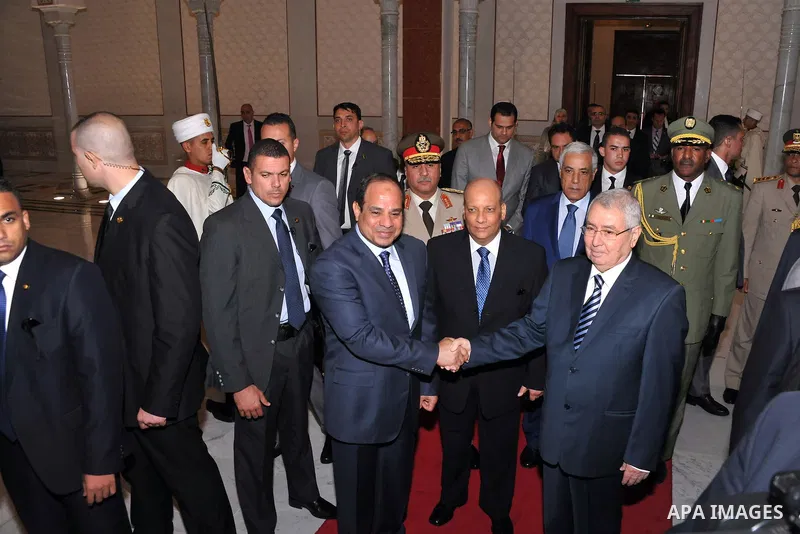A handout photo made available by the Egyptian Presidency shows Egyptian President Abdel Fattah al-Sissi meeting with Algerian Senate speaker Abdelkader Bensalah upon his arrival at Houari-Boumediene International Airpor...