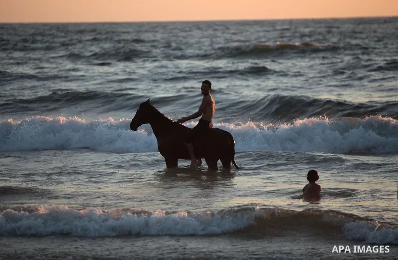 A Palestinian man rides his horse in the sea on the beach in the central Gaza Strip June 26, 2014. Palestinian Environment Quality Authority said in a statement the pollution of the seawater has gone beyond 50 percent. T...