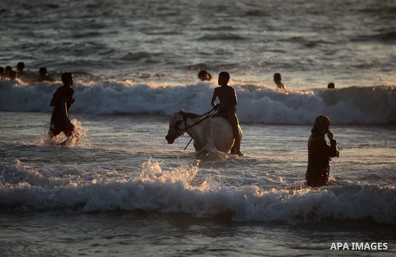 A Palestinian youth rides his donkey in the sea on the beach in the central Gaza Strip June 26, 2014. Palestinian Environment Quality Authority said in a statement the pollution of the seawater has gone beyond 50 percent...