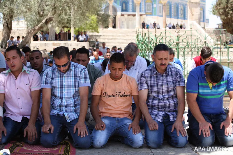 Palestinian Muslim worshipers take part in Friday prayers at the Al-Aqsa mosque compound, Islam's third holiest site, in the Old City of Jerusalem on June 27, 2014. Photo by Saeed Qaq