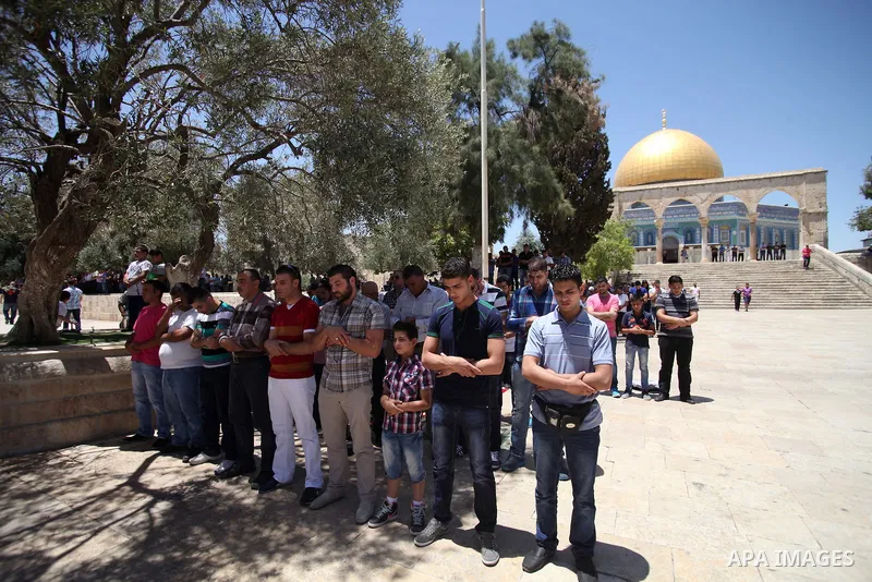 Palestinian Muslim worshipers take part in Friday prayers at the Al-Aqsa mosque compound, Islam's third holiest site, in the Old City of Jerusalem on June 27, 2014. Photo by Saeed Qaq