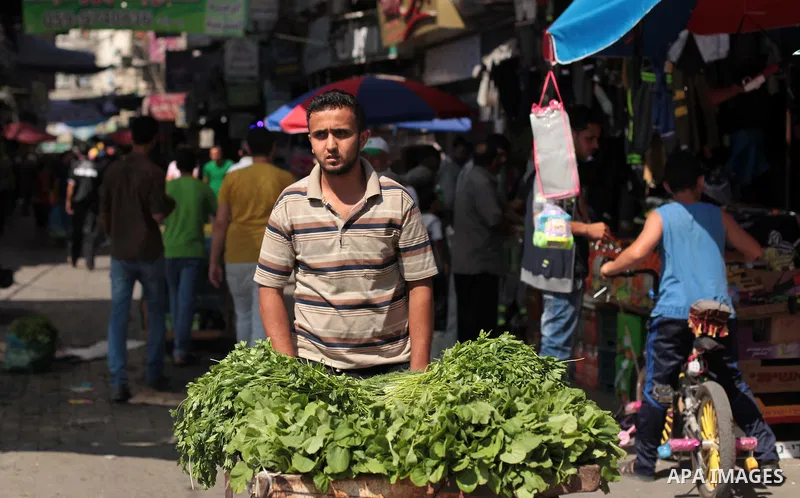 A Palestinian vendor sells greens at a street market during the holy fasting month of Ramadan in Gaza city, on July 01, 2014. Muslims around the world refrain from eating, drinking and sexual intercourse from dawn till d...