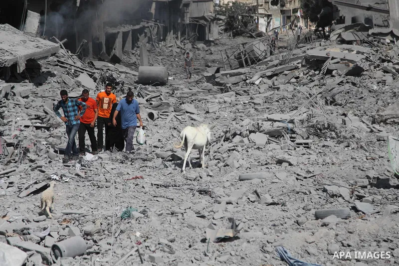 Palestinians walk on the rubble as they enter the northern district of Beit Hanun to check their homes in the Gaza Strip during an humanitarian truce on July 26, 2014. Palestinians retrieved dozens of bodies from the rub...