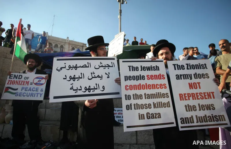Neturei Karta Jews with anti-Zionist posters take part in a protest against the Israeli offensive on the Gaza Strip, in front of Damascus gate in Jerusalem's Old City July 27, 2014. Palestinian medics said at least 17 pe...