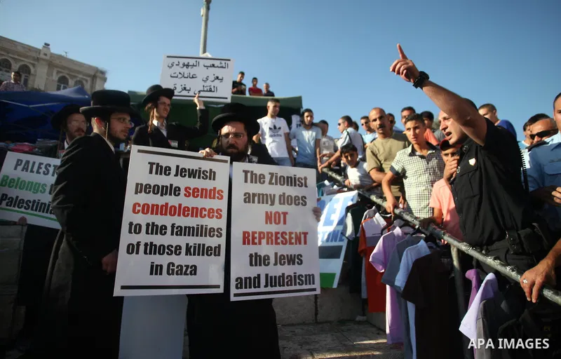 Israeli policemen disperse Neturei Karta Jews protesters during a protest against the Israeli offensive on the Gaza Strip, in front of Damascus gate in Jerusalem's Old City July 27, 2014. Palestinian medics said at least...