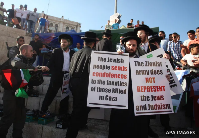 Neturei Karta Jews with anti-Zionist posters take part in a protest against the Israeli offensive on the Gaza Strip, in front of Damascus gate in Jerusalem's Old City July 27, 2014. Palestinian medics said at least 17 pe...