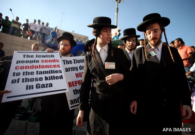 Neturei Karta Jews with anti-Zionist posters take part in a protest against the Israeli offensive on the Gaza Strip, in front of Damascus gate in Jerusalem's Old City July 27, 2014. Palestinian medics said at least 17 pe...