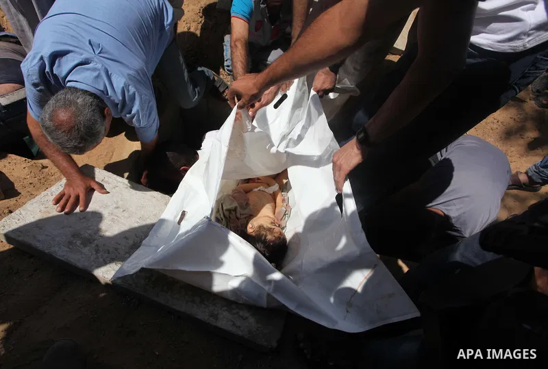 Palestinian men bury next to the bodies of Palestinians from the al-Silk family, whom medics said were killed by Israeli shelling near a market in Shejaia at a cemetery in Gaza City July 31, 2014. Israel did not comment...