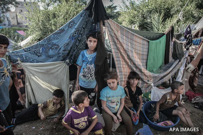 Displaced Palestinians gather at the al-Shifa hospital in Gaza City where they have taken refuge after fleeing heavy fighting in the Shejaiya neighbourhood of the city, on July 31, 2014. With more than 220,000 Palestinia...
