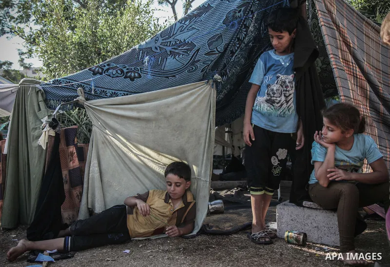 Displaced Palestinians gather at the al-Shifa hospital in Gaza City where they have taken refuge after fleeing heavy fighting in the Shejaiya neighbourhood of the city, on July 31, 2014. With more than 220,000 Palestinia...