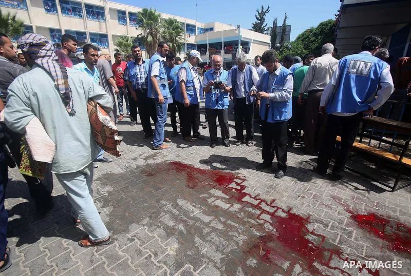 Blood on the ground at a United Nations run school after Israeli air strikes in Rafah in the southern Gaza Strip on, 03 August 2014. At least 10 people were killed in an airstrike on 03 August 2014 on a United Nations sc...