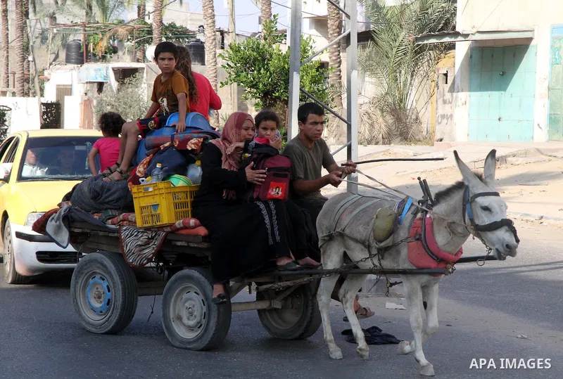 Members of a Palestinian family ride in a donkey cart as they return to their house in Beit Lahiya town, which witnesses said was heavily hit by Israeli shelling and air strikes during the Israeli offensive, in the north...