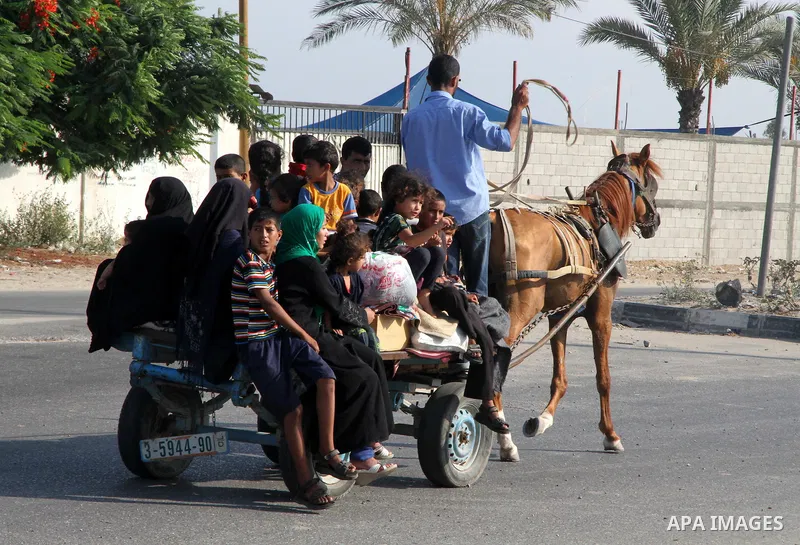 Members of a Palestinian family ride in a hourse cart as they return to their house in Beit Lahiya town, which witnesses said was heavily hit by Israeli shelling and air strikes during the Israeli offensive, in the north...