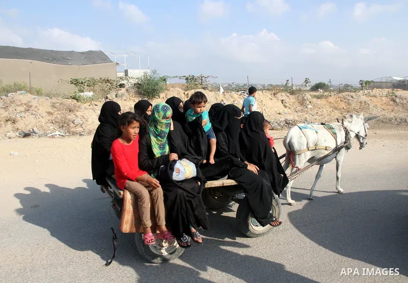 Members of a Palestinian family ride in a donkey cart as they return to their house in Beit Lahiya town, which witnesses said was heavily hit by Israeli shelling and air strikes during the Israeli offensive, in the north...