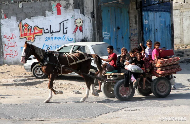 Members of a Palestinian family ride in a hourse cart as they return to their house in Beit Lahiya town, which witnesses said was heavily hit by Israeli shelling and air strikes during the Israeli offensive, in the north...