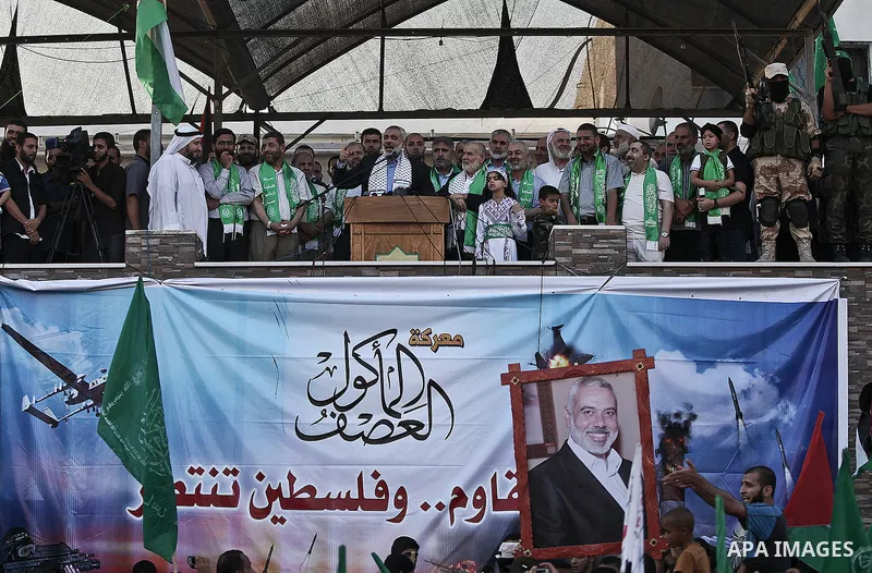 Palestinian top Hamas leader in Gaza, Ismail Haniyeh, gives a speech during a rally in Gaza City, Wednesday, Aug. 27, 2014. An open-ended cease-fire between Israel and Palestinian militants in the Gaza Strip was holding...