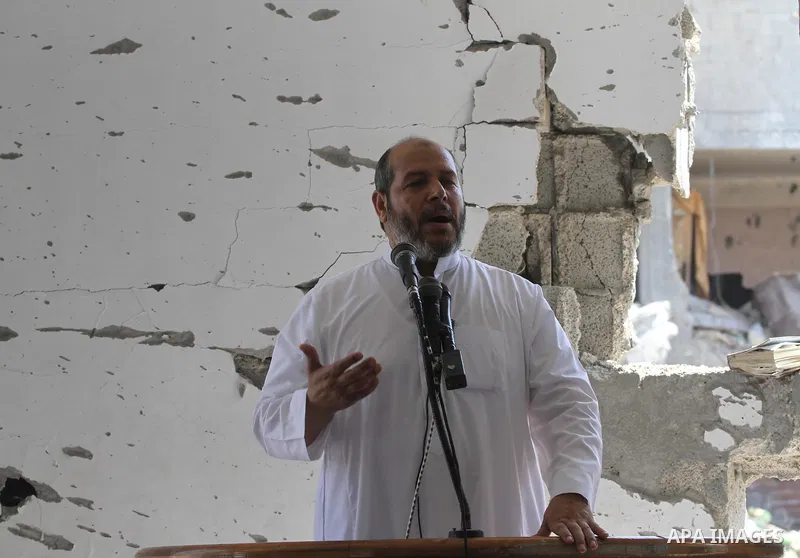 Senior Hamas leader Khalil al-Hayya attends Friday prayers at the remains of a mosque, which witnesses said was hit by an Israeli air strike during a seven-week Israeli offensive in Gaza City August 29, 2014. An open-end...