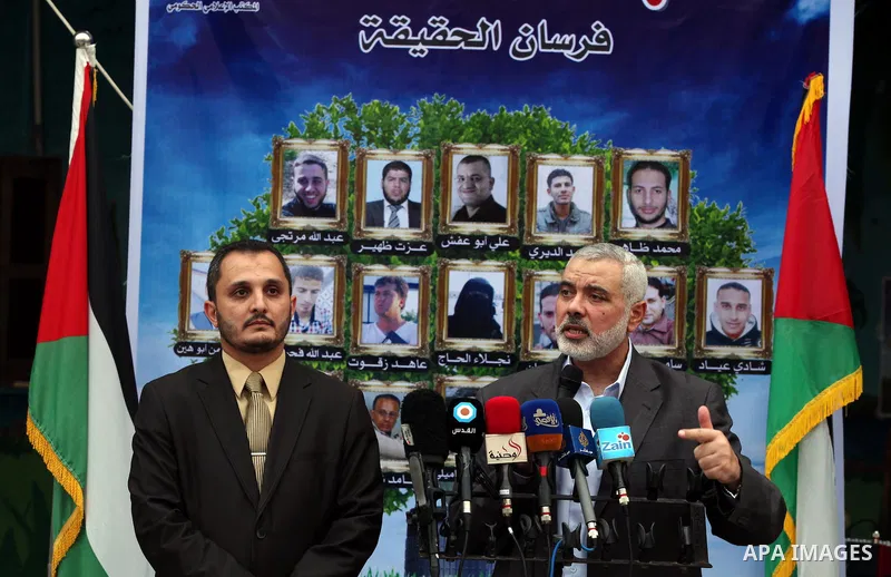 Palestinian top Hamas leader in Gaza, Ismail Haniyeh, speaks during a ceremony honoring to Journalists's families in Gaza city on 30 August 2014. An indefinite ceasefire to end seven weeks of fighting between Israel and...