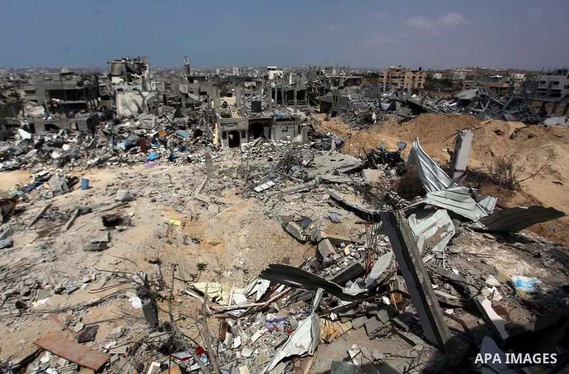 A general shows the buildings which destroyed during fighting between Hamas militants and Israel in the Al-Shaaf neighbourhood, in Gaza City, on August 31, 2014. An indefinite ceasefire to end seven weeks of fighting bet...