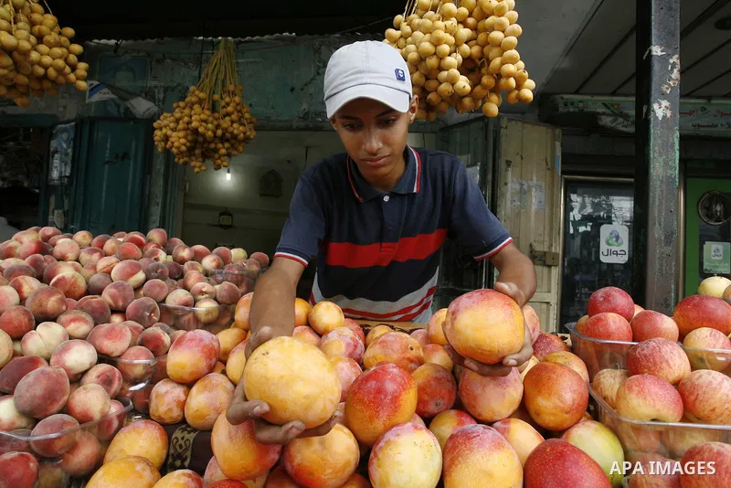 A Palestinian vendor sells fruits at his shop in Rafah in the southern Gaza Strip, o n Sep. 01, 2014. Calm returned to the coastal enclave in a August 26 ceasefire, and Gazans were gradually starting to rebuild their liv...