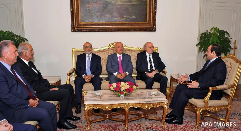 A handout photo made available by the Egyptian Presidency shows Egyptian President Abdel Fattah al-Sissi meets with Lebanese Druze leader and Lebanese Progressive Socialist Party (PSP) chairman Walid Jumblatt in Cairo, E...