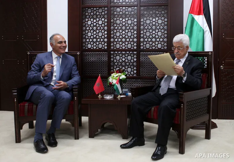 Palestinian President, Mahmoud Abbas (Abu Mazen) meets with Morocco Minister of Foreign, Salah-Eddine Mezouar in the West Bank city of Ramallah on September 4, 2014. Photo by Shadi Hatem