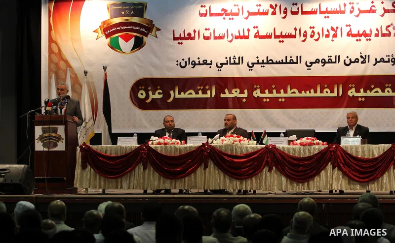 Senior leader of Hamas Ismail Haniyeh attends the conference about " The future of the Palestinian issue after the victory of Gaza " in Gaza city on Sep. 07, 2014. Calm returned to the coastal enclave in a August 26 ceas...
