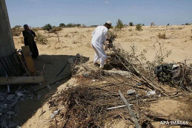A Palestinian man inspects his farmland which destroyed during fighting between Hamas militants and Israel in east of Rafah in southern Gaza strip on September 07, 2014. Calm returned to the coastal enclave in a August 2...